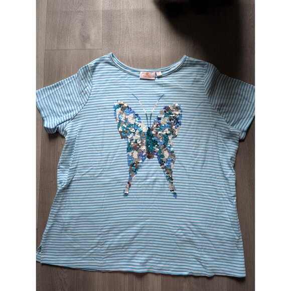 quacker Factory Blue & White Striped Butterfly Sequin T-Shirt 1X Casual Top - Picture 3 of 6